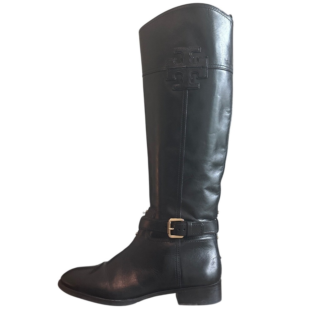 Tory Burch Black Leather Riding Boots Embossed Double T Logo Size 8